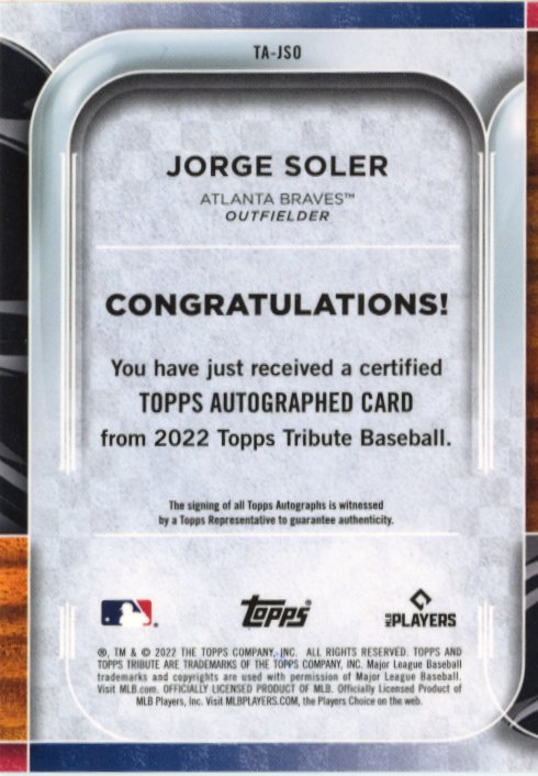 2022 Topps Tribute Jorge Soler #TA-JSO - Autograph Blue #/150 Braves