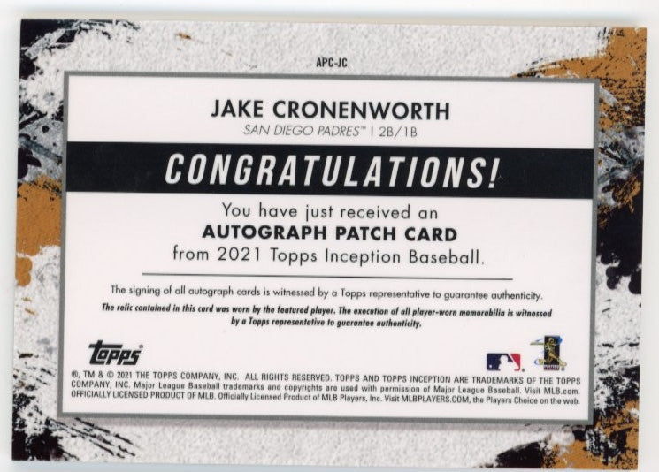2021 Topps Inception Jake Cronenworth RC # APC-JC - Autograph Relic Red #/25 Padres
