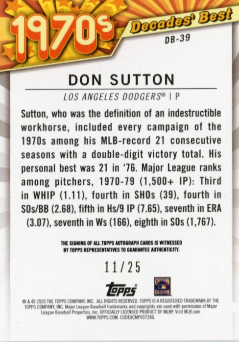 2020 Topps Don Sutton 1970s Decades' Best #DB-39 - Autograph #/25 Dodgers