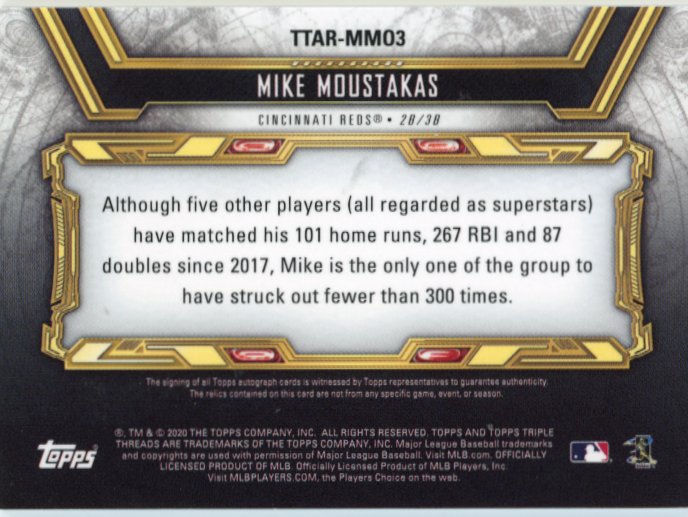 2020 Topps Triple Threads Mike Moustakas "One of the Best" #TTAR-MMO3 - Autograph Relic Blue #/3 Reds