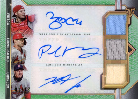 2021 Topps Triple Threads Yadier Molina Paul Goldschmidt Nolan Arenado #ARC-MGA - Triple Autograph Triple Relic Green #/18 Cardinals