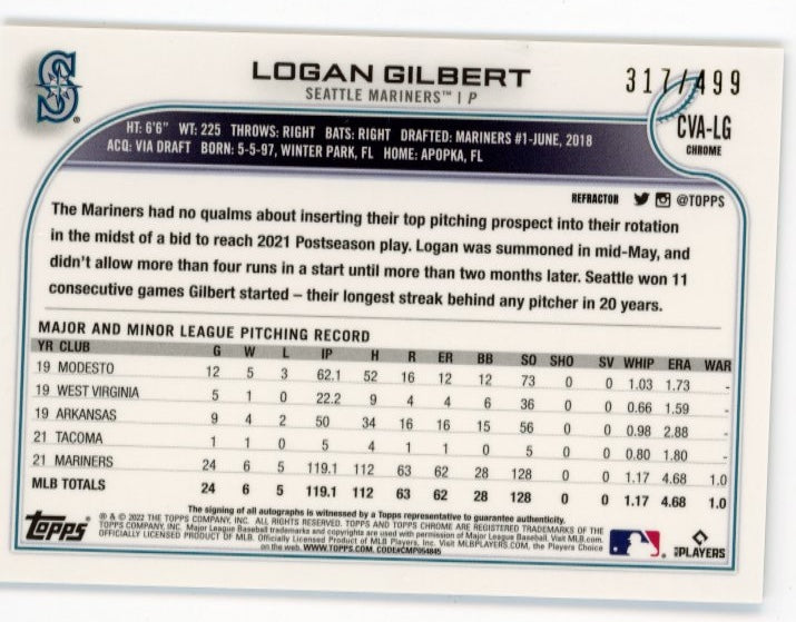 2022 Topps Chrome Logan Gilbert #CVA-LG - Autograph Silver #/449 Mariners