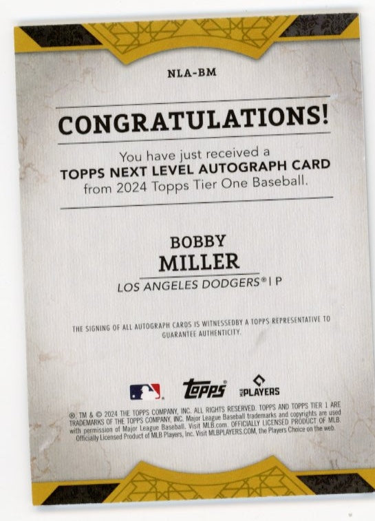 2024 Topps Tier One Bobby Miller #NLA-BM - Autograph Purple #/149 Dodgers