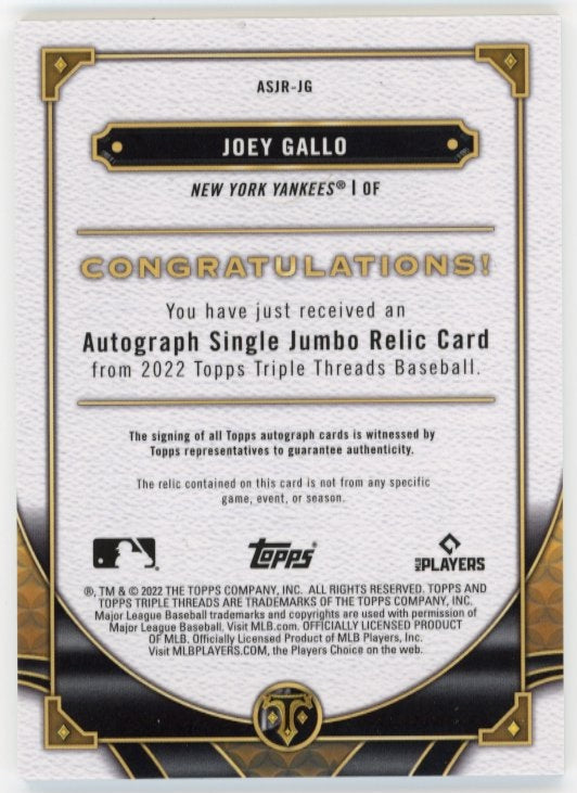 2022 Topps Triple Threads Joey Gallo #ASJR-JG - Autograph Relic Purple #/75 Yankees