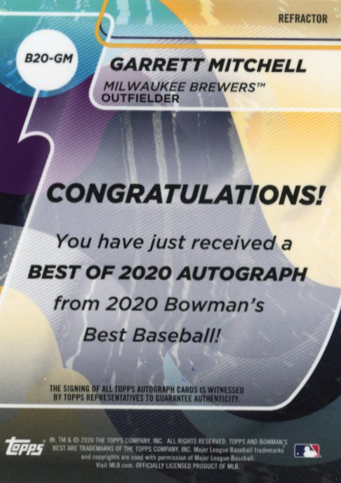 2020 Topps Bowman's Best Garrett Mitchell #B20-GM - Refractor Autograph Brewers