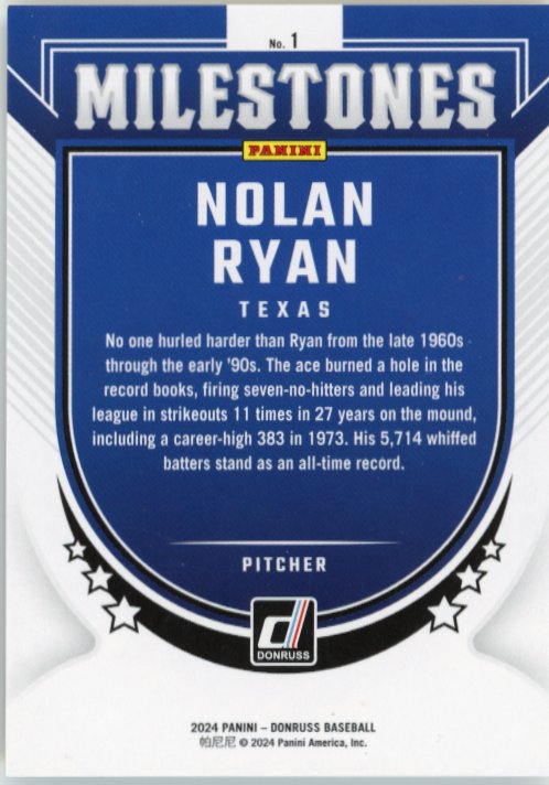 2024 Panini Donruss Nolan Ryan #1 - #/49 Milestones Astros