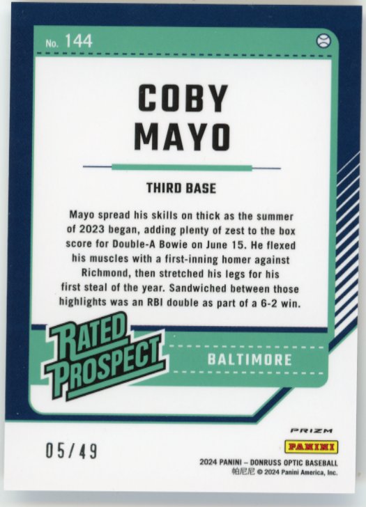 2024 Panini Donruss Optic Coby Mayo #144 - #/49 Purple Orioles