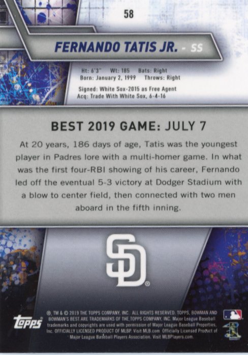 2019 Topps Bowman's Best Fernando Tatis Jr. RC #58 - Padres