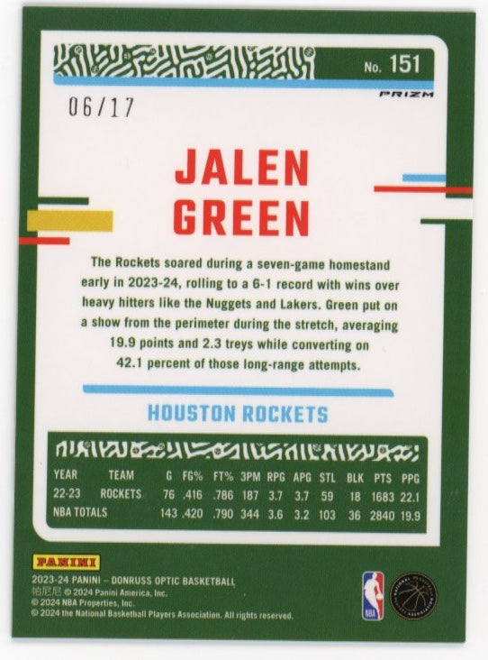 2023/24 Panini Donruss Optic Jalen Green #151 - Purple Stars FOTL #/17 Rockets