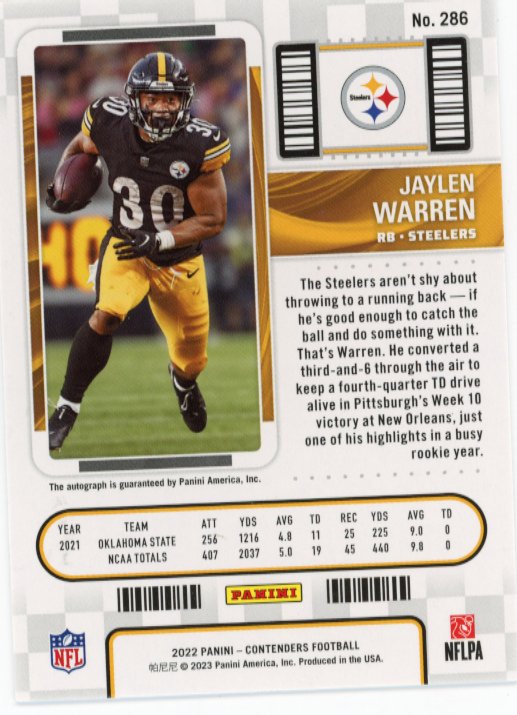 2022/23 Panini Contenders Jaylen Warren RC - Autograph #289 Steelers