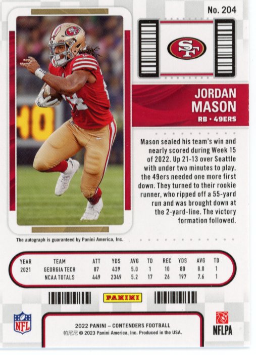 2022/23 Panini Contenders Jordan Mason RC - Autograph #204 49ers