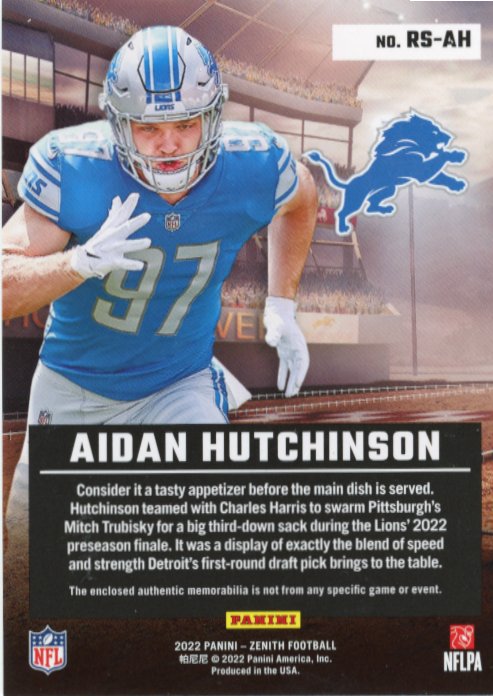 2022 Panini Zenith Aidan Hutchinson RC - Patch #RS-AH Lions