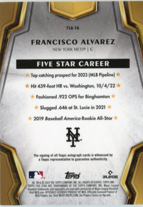 2024 Topps Five Star Francisco Alvarez #FSA-FA - Autograph Teal #/75 Mets