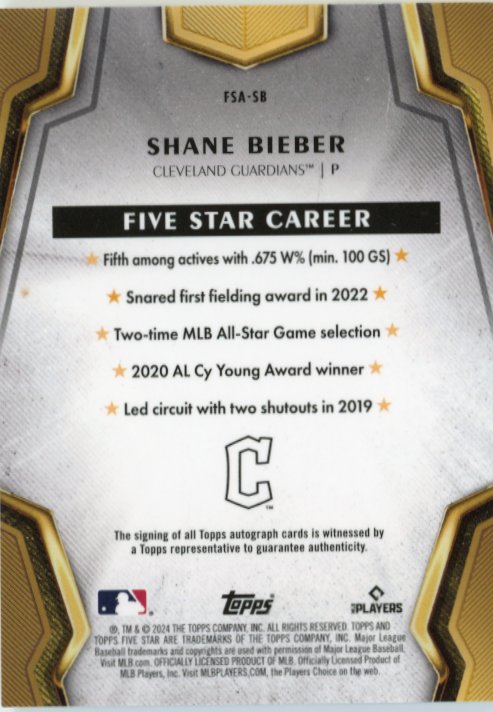 2024 Topps Five Star Shane Bieber #FSA-SB - Autograph Purple #/50 Guardians