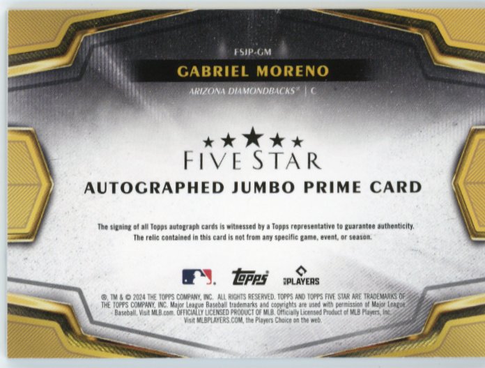 2024 Topps Five Star Gabriel Moreno #FSIP-GM - Autograph Relic #/50 Diamondbacks