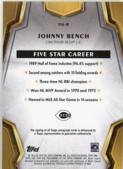 2024 Topps Five Star Johnny Bench #FSA-JB - Autograph Reds