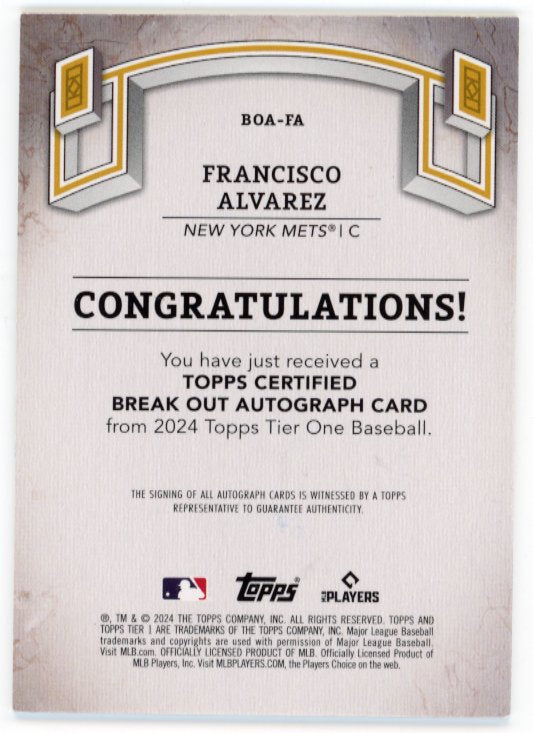 2024 Topps Tier One Francisco Alvarez #BOA-FA - Autograph #/75 Mets