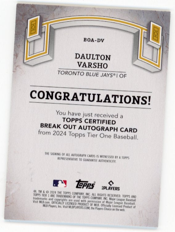 2024 Topps Tier One Daulton Varsho #BOA-DV - Autograph Green #/49 Blue Jays