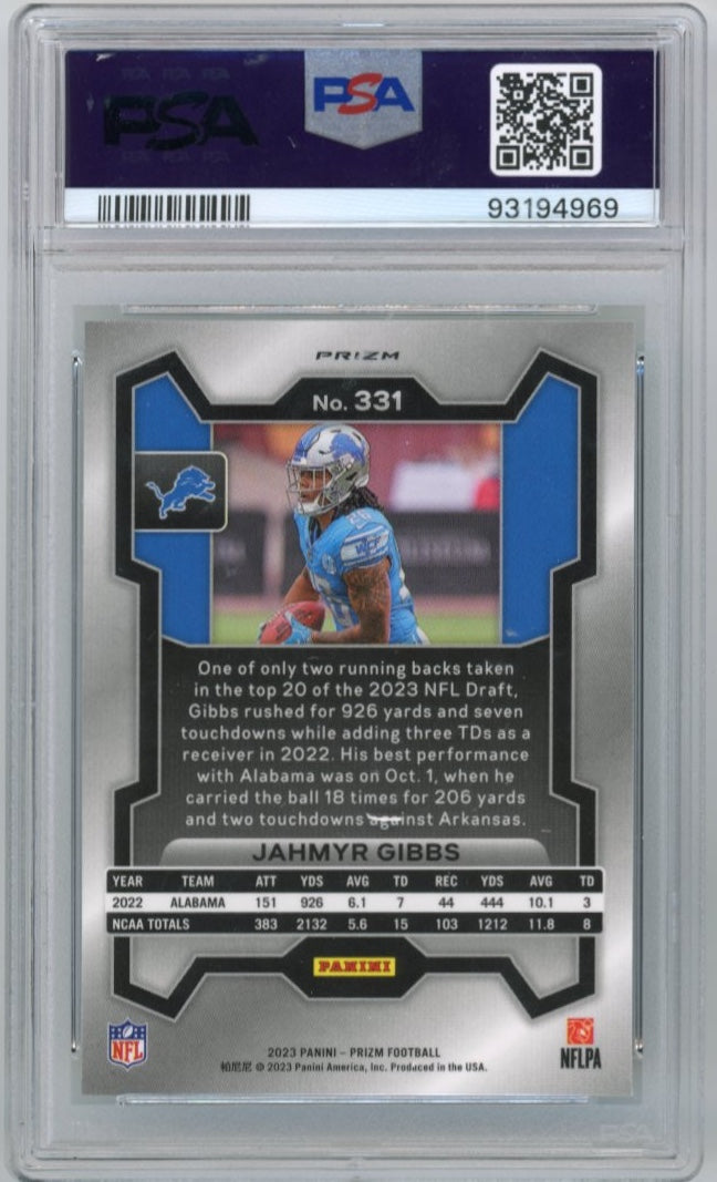 2023 Panini Prizm Jahmyr Gibbs RC #331 - Green Wave PSA 10 Lions