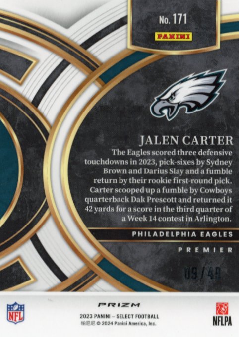 2023 Panini Select Jalen Carter Rookie RC #171 - Green #/49 Eagles