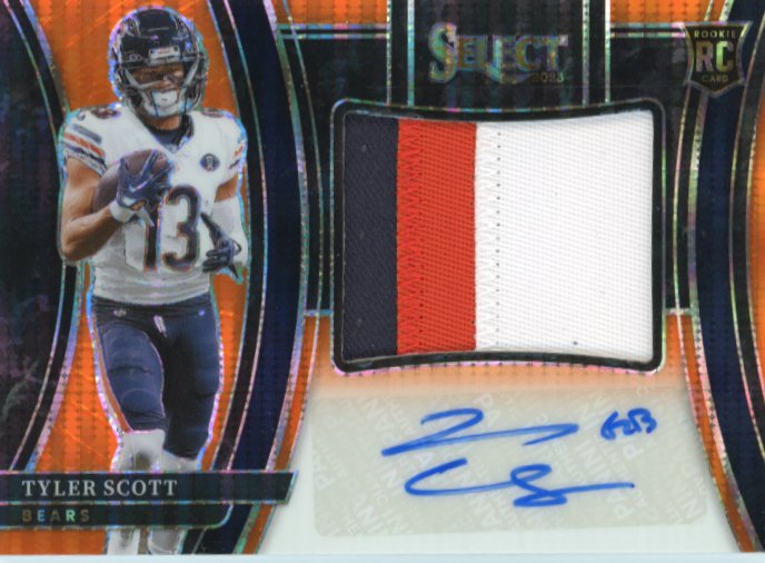 2023 Panini Select Tyler Scott Rookie RC #JRS-TRC - FOTL Orange Orange Pulsar Patch Autograoh #/33 Bears