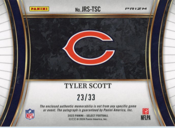 2023 Panini Select Tyler Scott Rookie RC #JRS-TRC - FOTL Orange Orange Pulsar Patch Autograoh #/33 Bears