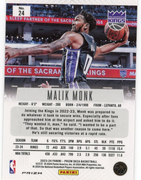 2023/24 Panini Prizm Malik Monk #24 - Orange Prizm #/ 49 Kings