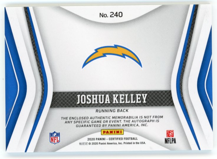 2020 Panini Certified Joshua Kelly Rookie RC #240 - Patch Autograph #/15 Chargers