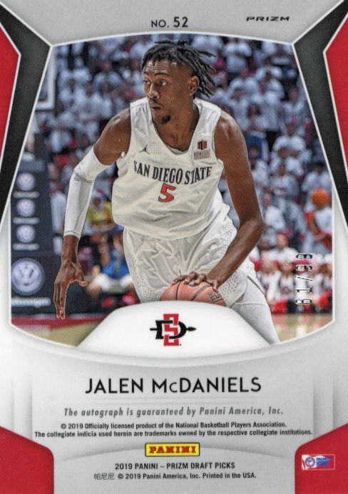 2019 Panini Prizm Draft Picks Jalen McDaniels Rookie RC #52 - Autograph Red Checkered #/99