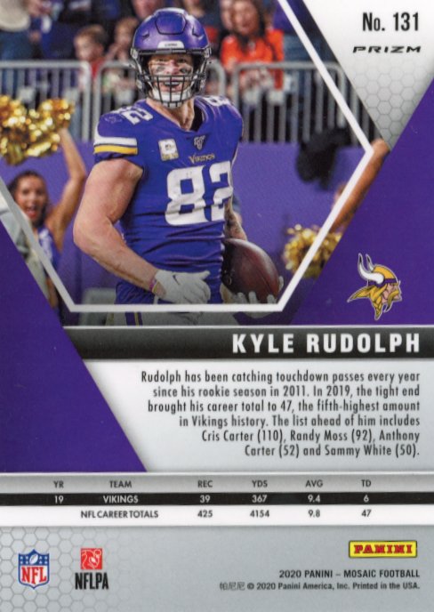 2020 Panini Mosaic Kyle Rudolph #131 - White Sparkle Vikings