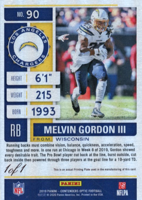 2019 Panini Contenders Melvin Gordon III #90 - 1/1 PRINTING PLATE Chargers