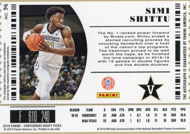 2019 Panini Contenders Draft Picks Simi Shittu #96 - Autograph Gold #/18