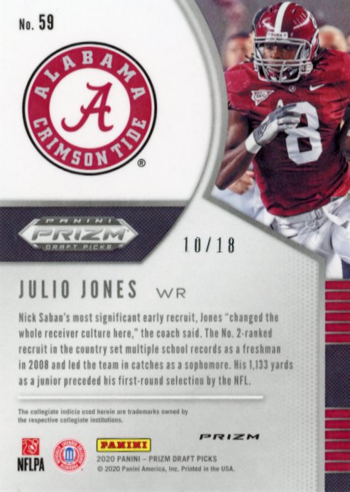 2020 Panini Prizm Draft Picks Julio Jones #59 - #/18 Green Cracked Ice Alabama