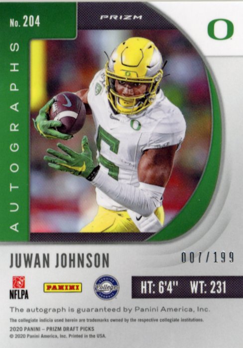 2020 Panini Prizm Draft Picks Juwan Johnson RC #204 - #/199 Purple Autograph Oregon