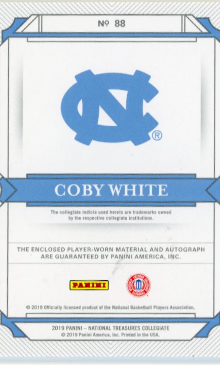 2019 Panini National Treasures Collegiate Coby White Rookie RC #88 - Patch Autograph #/99 Tarheels