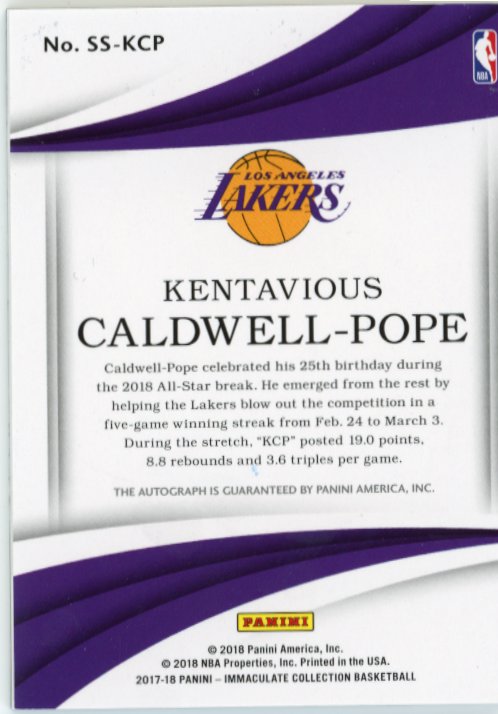 2018 Panini Immaculate Kentavious Caldwellp-Pope #SS-KCP - Autograph #/99 Lakers