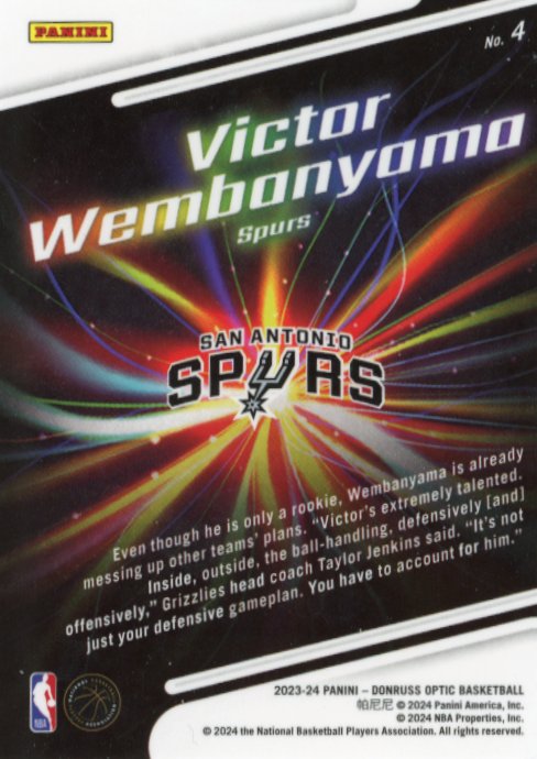 2023 Panini Optic Victor Wembanyama Lights Out Rookie RC #4 - Spurs