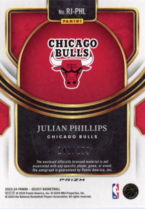 2023/24 Panini Select Julian Phillips RC #RJ-PHL - Silver Autograph Relic Bulls