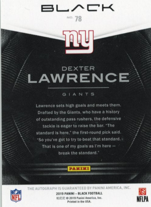 2019 Panini Black Dexter Lawrence RC #78 - #/75 Autograph Giants