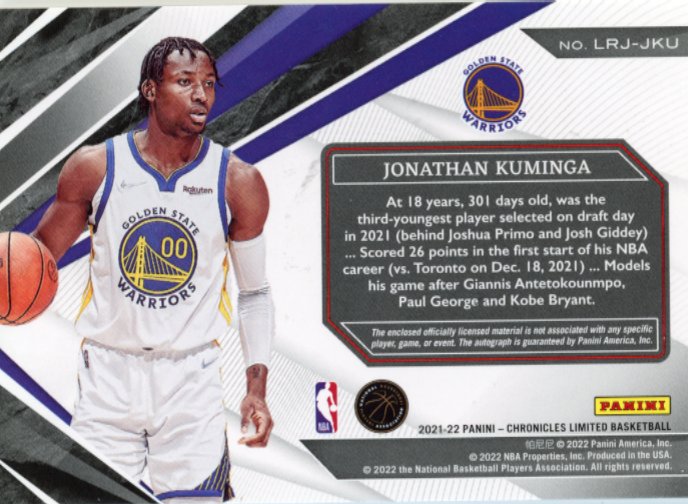 2021/22 Panini Chronicles Limited Jonathan Kuminga RC #LRJ-JKU - #/99 Autograph Relic Warriors