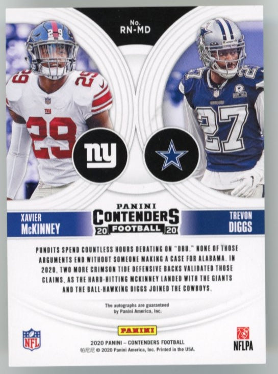 2020 Panini Contenders Xavier McKinny/Trevon Diggs #RN-MD - Dual Autograph #/10