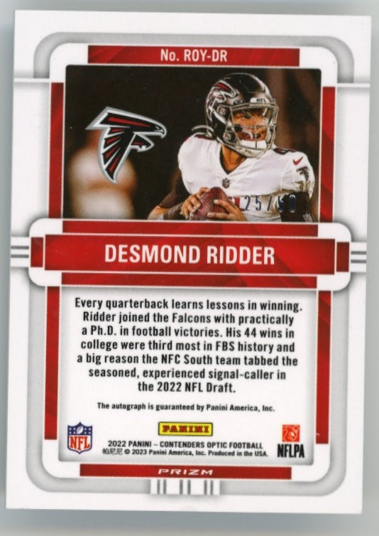 2022 Panini Contenders Optic Desmond Ridder Rookie RC #ROY-DR - Autograph #/50 Falcons