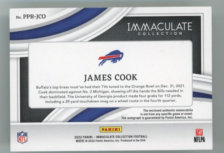 2022 Panini Immaculate James Cook Rookie RC # PPR-JCO - Patch Autograph #/99 Bills