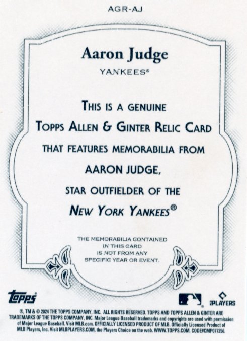 2024 Topps Allen and Ginter Aaron Judge #AGR-AJ - Patch Yankees