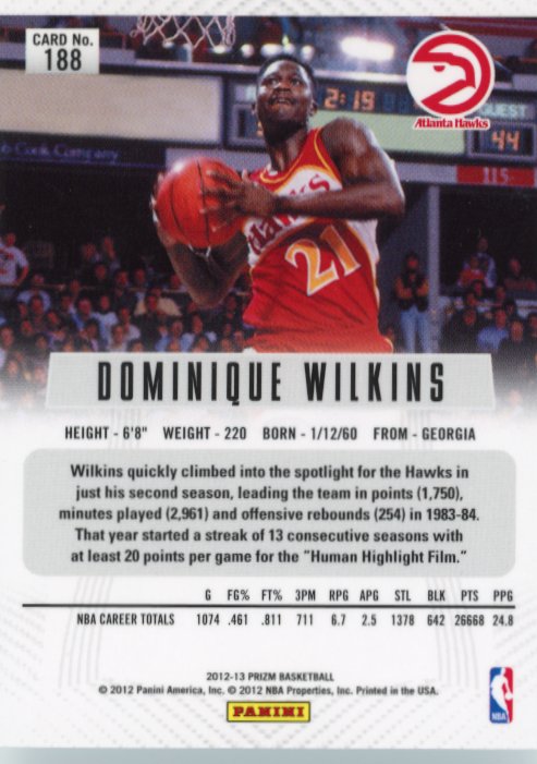 2012/13 Panini Prizm Dominique Wilkins #188 - Silver Hawks