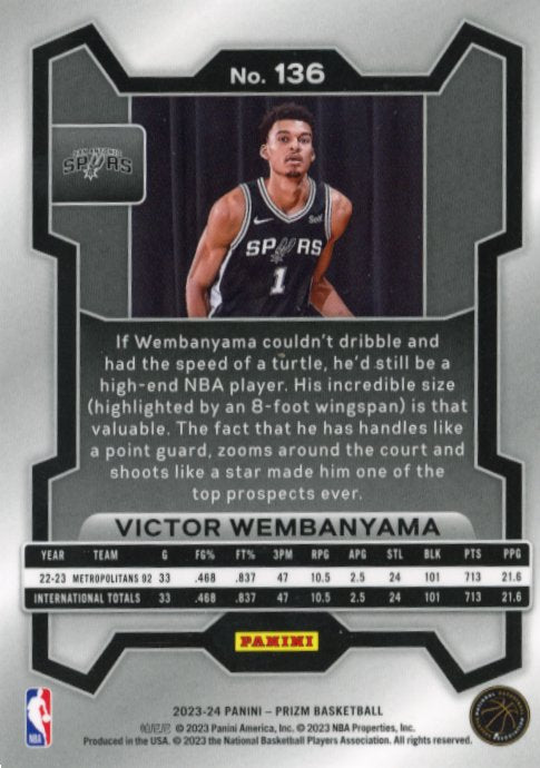 2023/24 Panini Prizm Victor Wembanyama Rookie RC #136 - Spurs