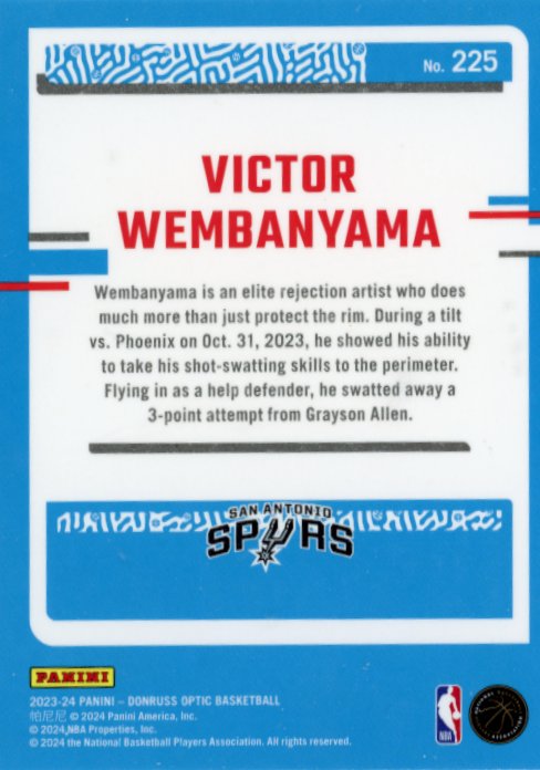 2024 Panini Optic Victor Wembanyama Rated Rookie RC #225 - Spurs