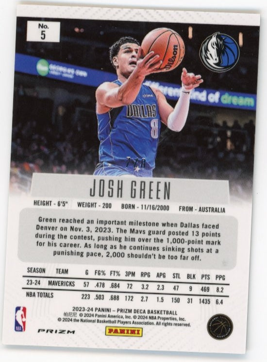 2023/24 Panini Prizm Deca Josh Green #5 - Black Gold Shimmer #/8 Mavericks