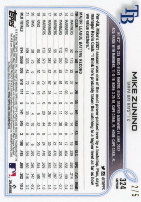 2022 Topps Chrome Sapphire Mike Zunino #324 - Red Cracked Ice #/5 Rays