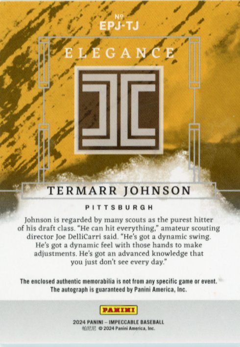 2024 Panini Impeccable Termarr Johnson Elegance #EPJ-TJ - Autograph Relic #/99 Pirates